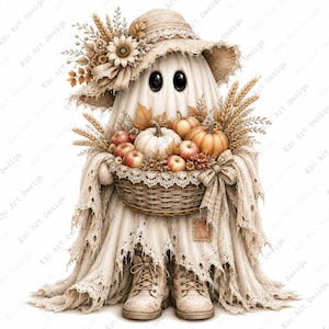 Peut inclure: Une silhouette de fantôme drapée dans un tissu en dentelle crème, portant un chapeau de paille à larges bords orné de fleurs séchées et de blé. La silhouette tient un panier en osier rempli de petites citrouilles et de pommes, avec des bottines.