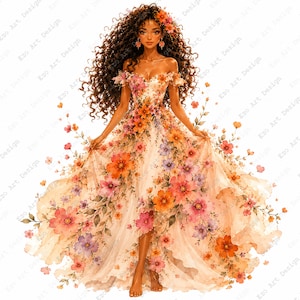 Könnte beinhalten: Eine digitale Illustration einer Person mit langem, lockigem, dunklem Haar, die ein schulterfreies Kleid mit einem lebendigen Blumenmuster in Orange-, Rosa- und Violetttönen trägt. Das Kleid hat einen fließenden Rock mit verstreuten Blütenblättern.