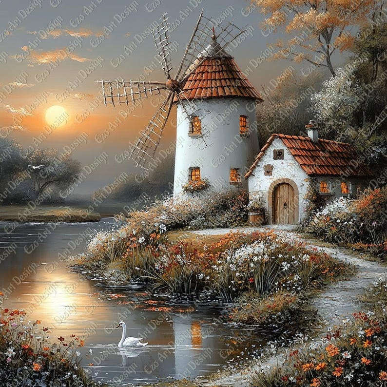 Windmill Clipart, Cottagecore Sunset Wall Art, Vintage Landscape ...