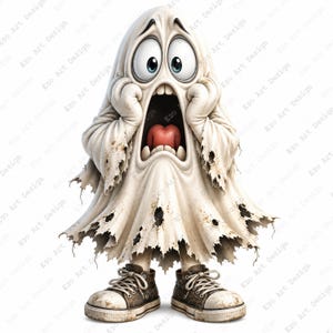 Op de afbeelding: Een cartoon spookfiguur met een verwarde uitdrukking, grote blauwe ogen en een open mond. Het spook is gehuld in een gehavend, gebroken wit laken met bruine vlekken en draagt vuile, donkerbruine sneakers met veters aan de voeten.