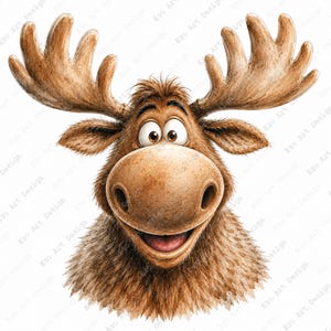 Puede incluir: Una ilustración digital de una cabeza de alce marrón con grandes astas, ojos muy abiertos y un hocico ancho. El alce tiene una apariencia texturizada y peluda con una expresión sonriente, mostrando la boca ligeramente abierta. Fondo blanco.