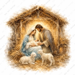 Puede incluir: Una ilustración al estilo acuarela de una escena de natividad con una figura en túnica azul sosteniendo a un bebé, una figura en túnica marrón y dos corderos blancos sobre paja dentro de un establo de madera con techo de paja y luz dorada.