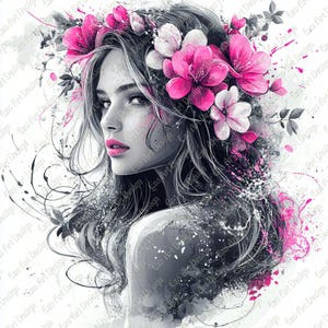 Op de afbeelding: Digitaal kunstportret van een vrouw met lang, donker haar, versierd met een bloemenkrans van roze en witte bloemen. Het kunstwerk gebruikt een grijstintenpalet met roze accenten. De tekst "Ezo Art Design" is zichtbaar.