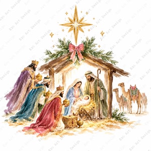 May include: A watercolor illustration of a nativity scene featuring the holy family in a wooden stable under a gold star. Three figures in robes offer gifts, while camels stand to the right. Green pine branches and a pink bow decorate the roof.