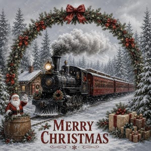 May include: A black steam locomotive travels through a snowy forest under a large evergreen arch decorated with red bows. A Santa Claus figure stands in a wooden barrel to the left, and wrapped gifts sit on the right with the text Merry Christmas.