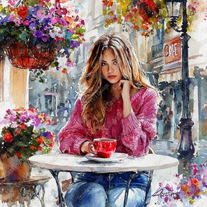 Woman in Cafe Clipart, 10 High Quality JPG, Cozy Cafe, Floral Cafe, Romantic Cafe Digital Download, junk journal Kit