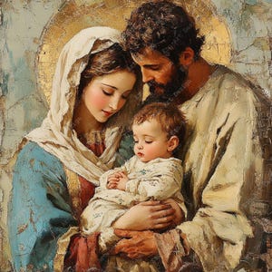 Puede incluir: Una pintura al óleo que representa a una familia de tres personas con una figura central sosteniendo a un niño pequeño. Las figuras visten prendas texturizadas y superpuestas en tonos azul, crema y beige sobre un fondo desgastado.