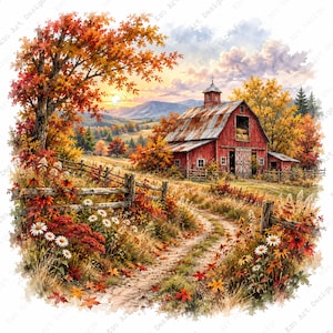 May include: A digital illustration of a rustic red barn with a weathered metal roof, situated in a field during autumn. A dirt path leads toward the barn, flanked by a wooden fence, vibrant orange and yellow trees, and white wildflowers.