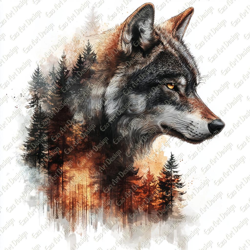 Wolf and Forest Clipart, Sunset Watercolor Art JPG for Nature Wall ...