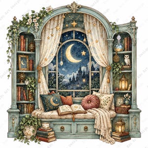 May include: A window seat built into a light blue bookshelf unit featuring an arched window with a crescent moon and castle view. The seat includes patterned pillows, an open book, a throw blanket, and shelves filled with books, lanterns, and plants.