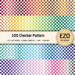 Op de afbeelding: Een digitale collectie van 100 dambordpatronen in diverse kleuren, voorzien van een centrale banner met de tekst 100 Checker Pattern, EZO ART DESIGN, 12" x 12" INCHES, 3600 x 3600 PX, JPG en 300 DPI, weergegeven in een rasterformaat.