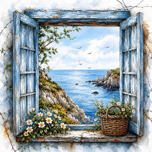 May include: Watercolour painting of an open, distressed blue window overlooking a coastal scene. A woven basket of flowers sits on the windowsill. The view includes a rocky cliff, the sea, and birds in the sky.