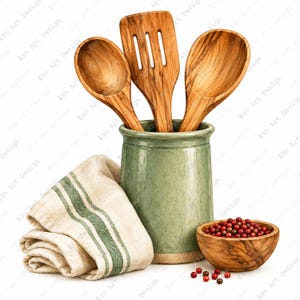 Wooden Kitchen Utensils Clipart, Farmhouse Cooking Spoon, Ceramic Pitcher Crock (Digital Download)