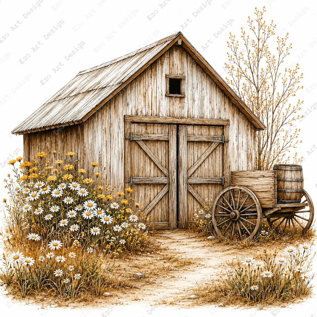 Rustic Barn Farmhouse Clipart, Vintage Country Farm Building Art, Rural ...