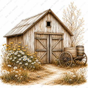 May include: Watercolor illustration of a rustic wooden barn with a weathered appearance. The barn has large double doors, a small window, and a sloped roof. A wooden cart and barrel sit nearby. Daisies and wildflowers grow in front of the barn.