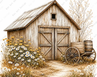 Clipart z rustykalną stodołą, sztuka budowli wiejskich w stylu vintage, wydruk wiejskiej stodoły (pobranie cyfrowe)