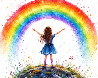 Clipart di bambina arcobaleno, disegno di bambina arcobaleno ad acquerello, bambini colorati (download digitale)