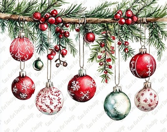 Christmas Border Clipart, Watercolor Ornaments Garland, Festive Holiday Clipart