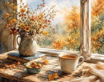 Clipart di caffè alla finestra, natura morta floreale ad acquerello, accogliente cottage, stampa artistica (download digitale)