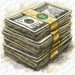 Puede incluir: Ilustración de una pila de billetes de cien dólares, atados con una banda dorada. Los billetes muestran un retrato y el texto "The United States of America". La ilustración tiene un efecto acuarela.