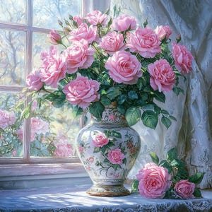 Imágenes prediseñadas de ventana de rosas silvestres, 10 archivos JPG de alta calidad, borde de ventana, jarrón de rosas, descarga digital de jarrón de cerámica, kit de diario basura