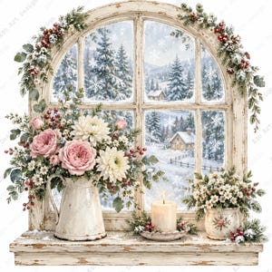 Könnte beinhalten: Ein rustikaler, bogenförmiger Fensterrahmen, verziert mit Tannenzweigen und roten Beeren, mit Blick auf eine verschneite Winterlandschaft. Ein weißer Krug enthält rosa Rosen und weiße Chrysanthemen, ergänzt durch eine Kerze und einen Blumentopf.