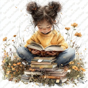 Op de afbeelding: Waterverfillustratie van een persoon die een boek leest, zittend op een stapel boeken. De persoon draagt een gele trui en een blauwe jeans, omringd door bloemen. De afbeelding heeft een zacht, warm kleurenpalet.