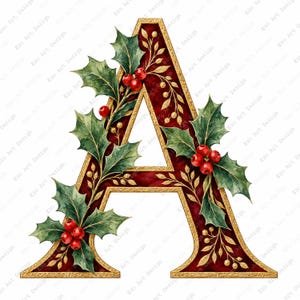 May include: A capital letter A featuring a deep red, textured background with a gold border. The letter is decorated with green holly leaves, bright red berries, and delicate gold-coloured sprigs that wrap around the structure of the letter.