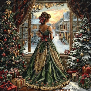 May include: A woman in a green and gold gown stands by a window, looking out at a snowy street scene. Two decorated Christmas trees flank the window, with wrapped gifts at their bases. The scene evokes a festive holiday atmosphere.