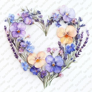 May include: A heart-shaped floral arrangement composed of purple, blue, and peach-colored pansies, lavender, and other small flowers. The arrangement is set against a white background, creating a delicate and romantic aesthetic. The design is perfect for wall art or greeting cards.