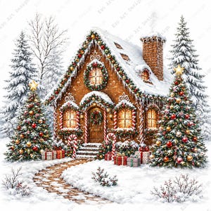 Pode incluir: Uma casa de gengibre decorada com glacê, ornamentos vermelhos e dourados e guirlandas, com uma chaminé de tijolos, cercada por pinheiros nevados, duas árvores de Natal decoradas e presentes ao longo de um caminho de pedra no inverno.