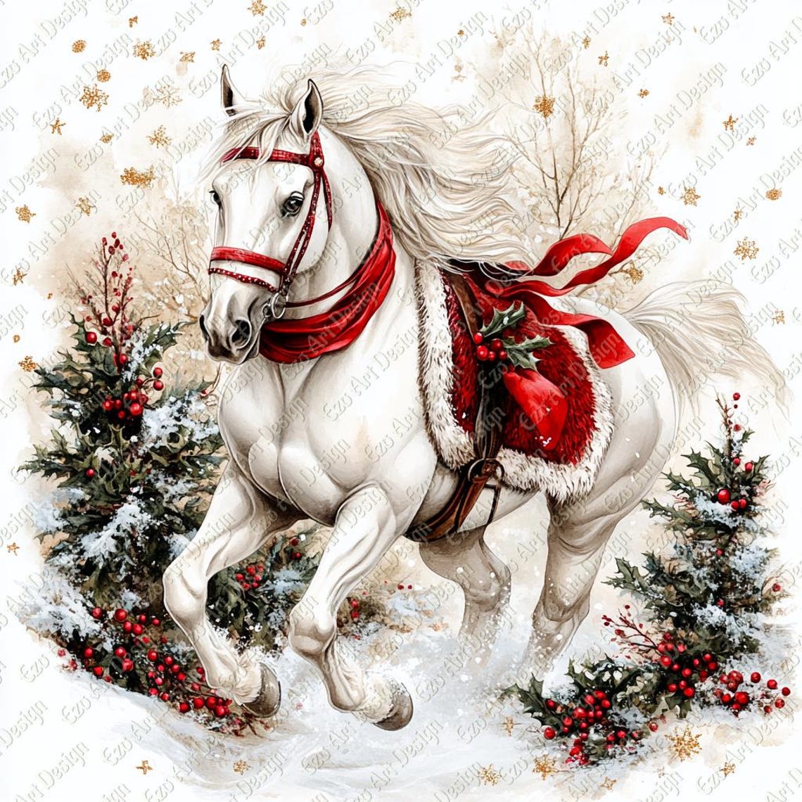 Christmas Horse Clipart, Watercolor Winter Equestrian Art, Holiday ...