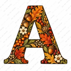 May include: A capital letter A decorated with a detailed autumn botanical pattern featuring orange and red oak leaves, brown acorns, small white flowers, and clusters of red berries. The design is dense and fills the entire shape of the letter.