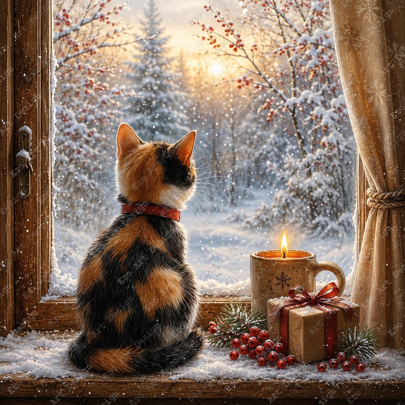 Christmas Cat Clipart, Winter Window Printable, Cozy Snow Village Art (Digital Download) image 7