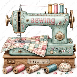 May include: A teal vintage sewing machine with floral detailing and the word "sewing." A patchwork quilt is positioned beneath the needle. Additional sewing supplies include spools of thread, buttons, and a pin cushion.