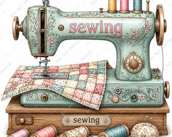 Old Sewing Machine Clipart, Vintage Craft Quilting Art, Retro Sewing Print (Digital Download)
