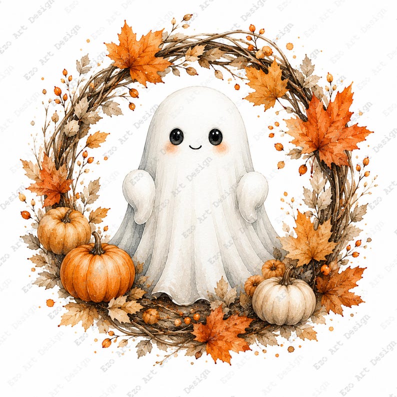 Imágenes prediseñadas de fantasmas adorables, láminas para imprimir de un campo de calabazas, arte otoñal de Halloween (descarga digital) imagen 7