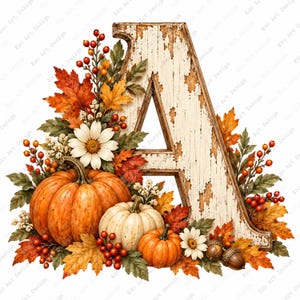 May include: A large, distressed white wooden letter A decorated with autumn elements including orange and white pumpkins, red berries, brown acorns, and vibrant fall foliage in shades of orange, yellow, and brown, accented by white daisy flowers.