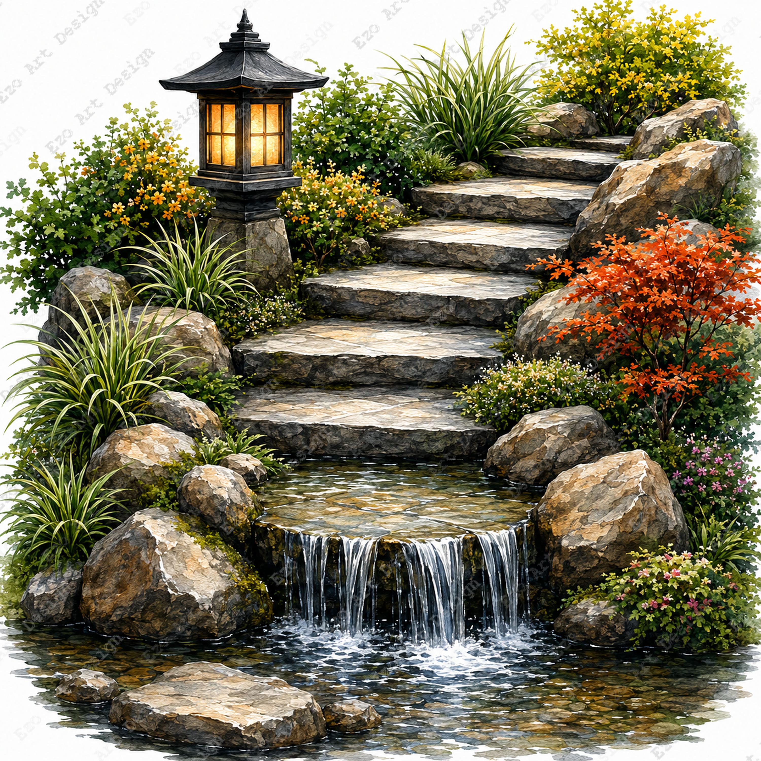 Japanese Zen Garden Clipart, Watercolor Asian Landscape Art