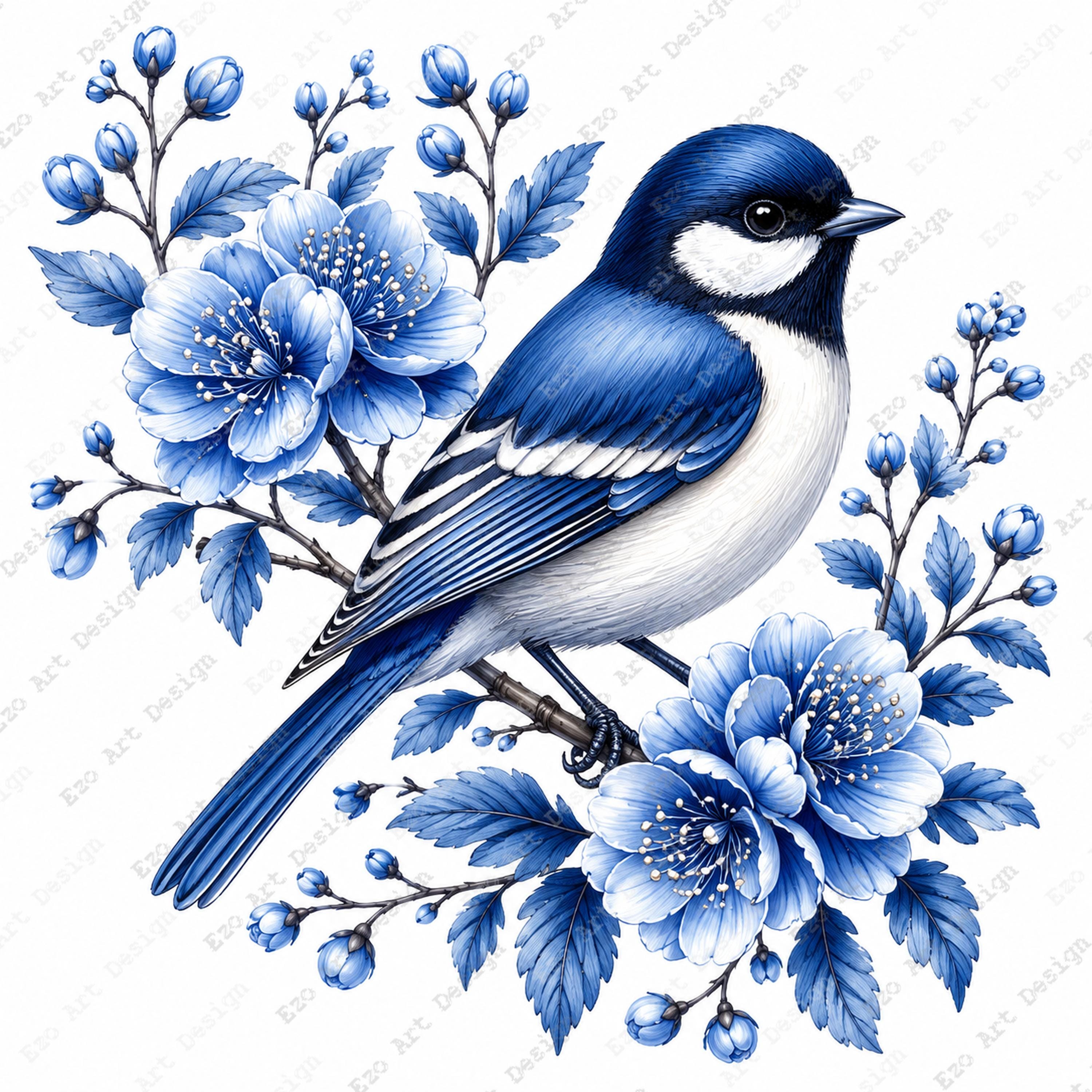 Blue Bird Delft Clipart, Floral Branch Design, Chinoiserie Nature