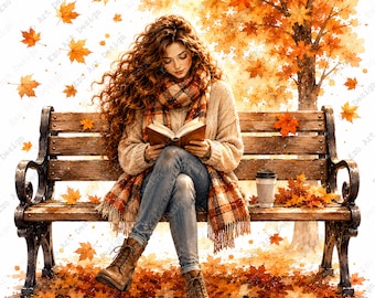 Autumn Girl Clipart, Watercolor Fall Park Bench, Cozy Season