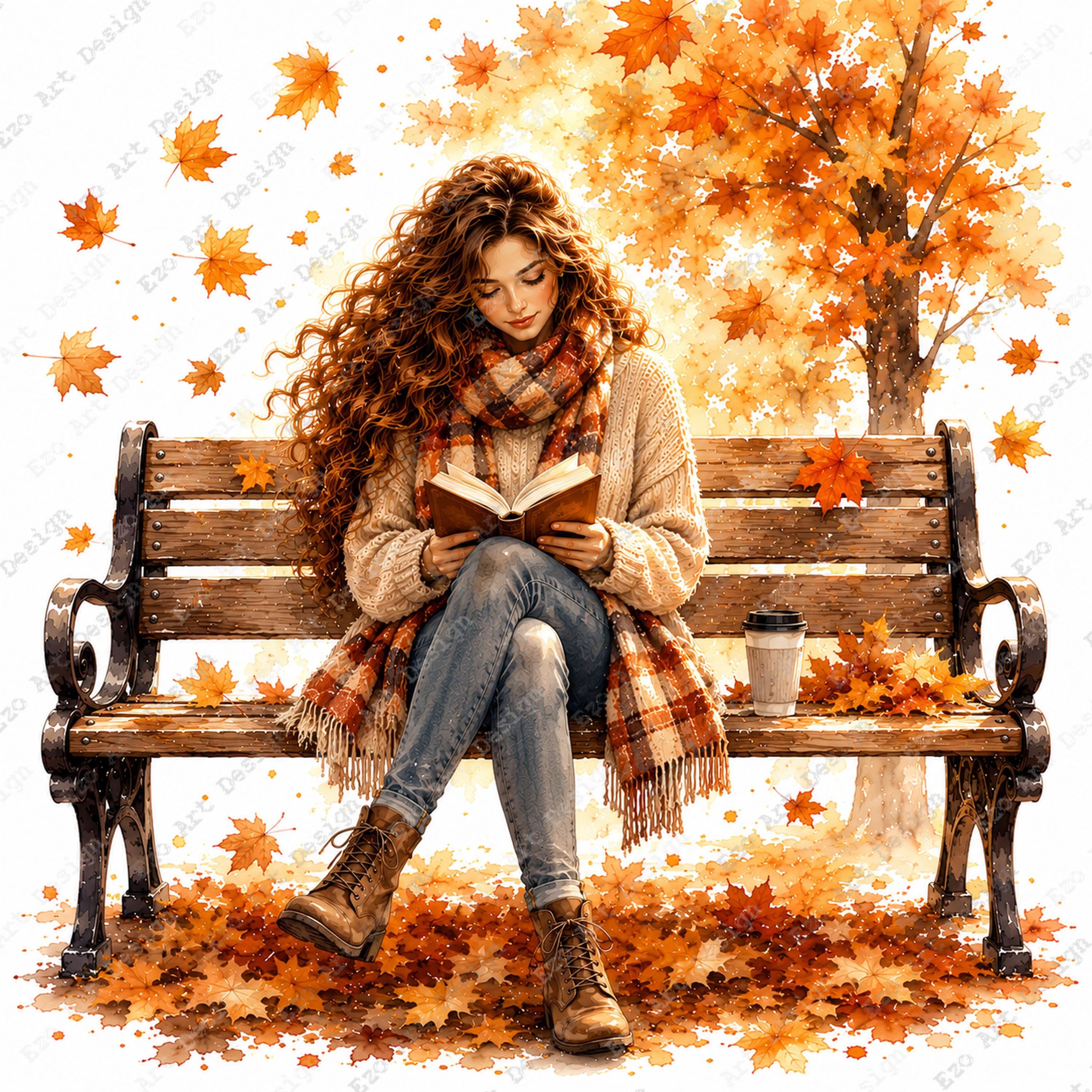 アート・デザイン・音楽 GIRLS-PEDIA2018 AUTUMN Autumn Girl Clipart, Watercolor Fall Park Bench, Cozy Season