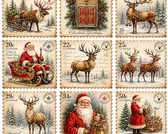 Christmas Stamp Collection Clipart, Vintage Santa Reindeer Holiday Art, Xmas Stamp Print (Digital Download)
