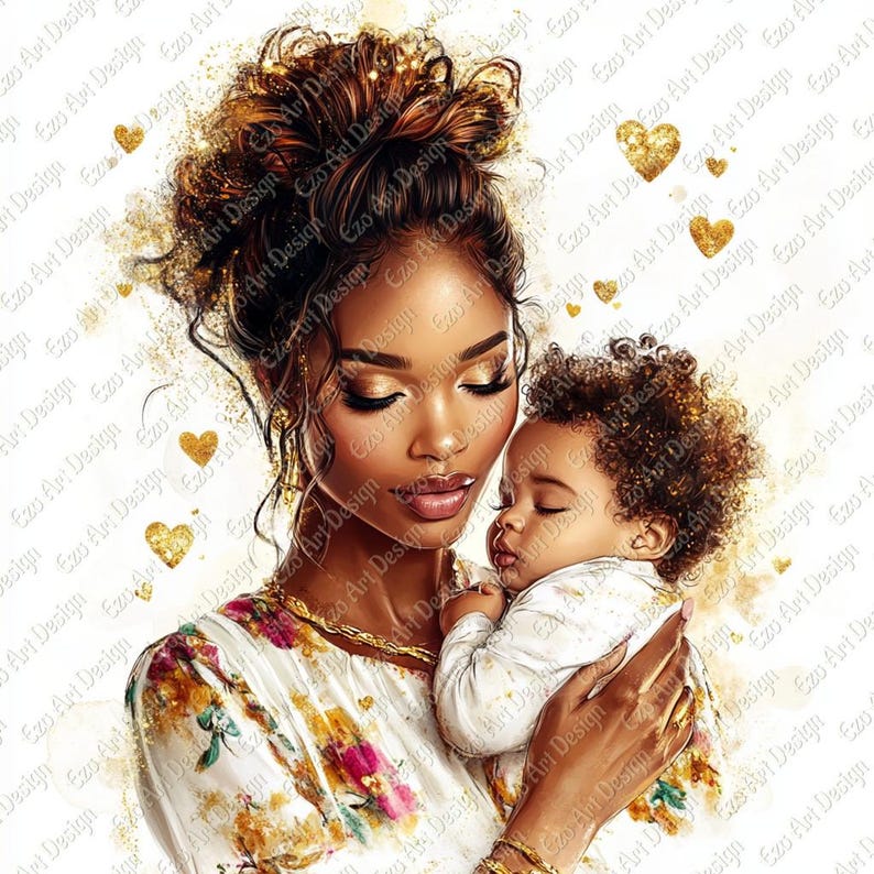 African American Art Clipart, Black Mother and Child Portrait, Mothers ...