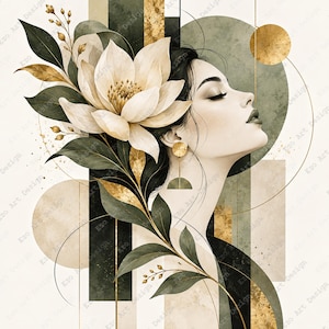 Puede incluir: Una ilustración digital de una persona de perfil con los ojos cerrados, adornada con una gran flor color crema y hojas verde oscuro. La composición presenta formas geométricas, rayas verticales y detalles dorados sobre un fondo color crema.
