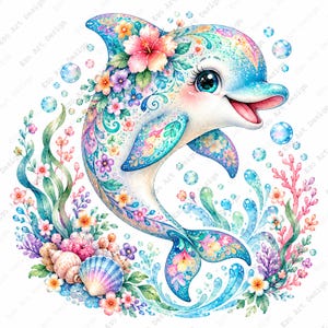 Op de afbeelding: Een kleurrijke illustratie van een dolfijn versierd met ingewikkelde bloemmotieven in roze, blauwe en gele tinten. De dolfijn is omringd door onderwaterelementen, waaronder schelpen, koraal, groen zeewier en zwevende bubbels.