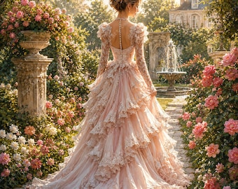 May include: A woman in a light pink, tiered lace gown with long sleeves and a pearl button closure, stands in a lush garden. The garden features a stone pathway, blooming pink roses, and a fountain in the background. The scene is bathed in sunlight.