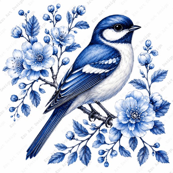 blue＊bird様 orderページ☽⋰ Blue Bird Delft Clipart, Floral Branch Design, Chinoiserie Nature