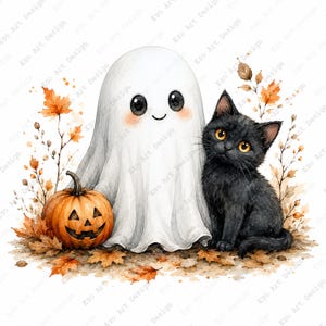 Puede incluir: Una ilustraci&oacute;n en acuarela que presenta un fantasma blanco con grandes ojos negros y una peque&ntilde;a sonrisa, un gatito negro con ojos &aacute;mbar y una calabaza naranja, rodeados de hojas de oto&ntilde;o marrones y naranjas sobre un fondo blanco.