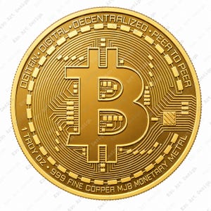 Può includere: Una moneta circolare color oro con un prominente simbolo Bitcoin al centro. La moneta è incisa con motivi a circuito stampato e il testo DIGITAL DECENTRALIZED PEER TO PEER, 1 TROY OZ, 999 FINE COPPER MJB MONETARY METAL.